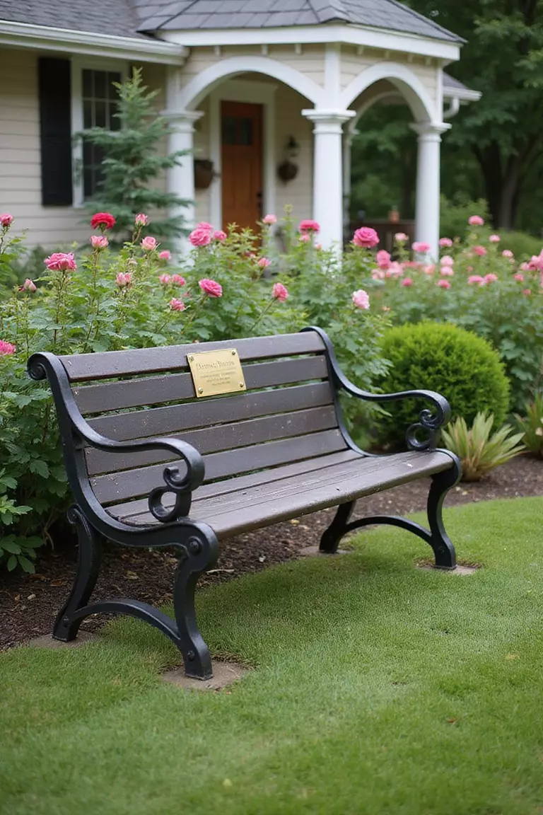A photo of a typical American home's garden showing a simple metal bench with a small brass plaque on the backrest, placed in a quiet corner with roses.
