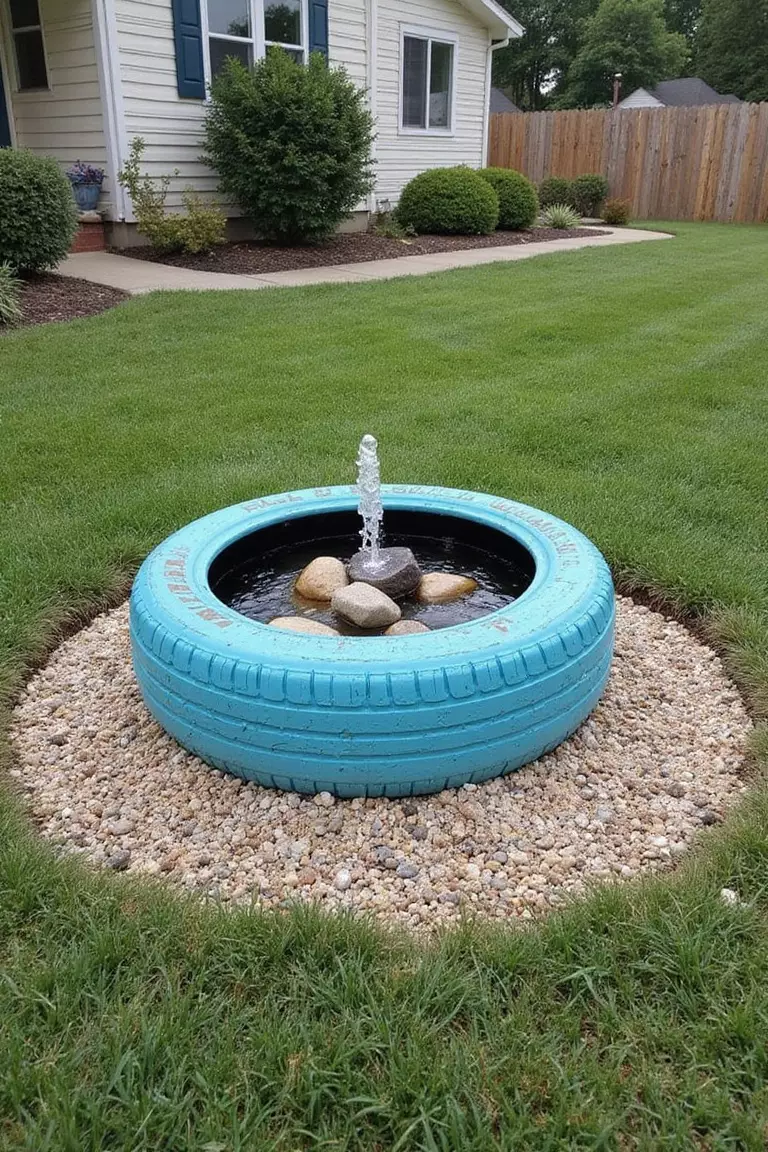 A photo of a typical American home’s garden showing a painted recycled tire used as the base for a small pondless fountain, with water bubbling up through rocks in the center.