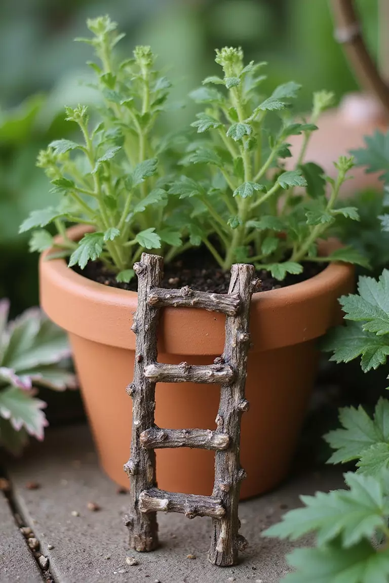 A close-up photo of a typical American garden showing a small ladder made of twigs leaning against a terracotta pot containing fairy garden plants.