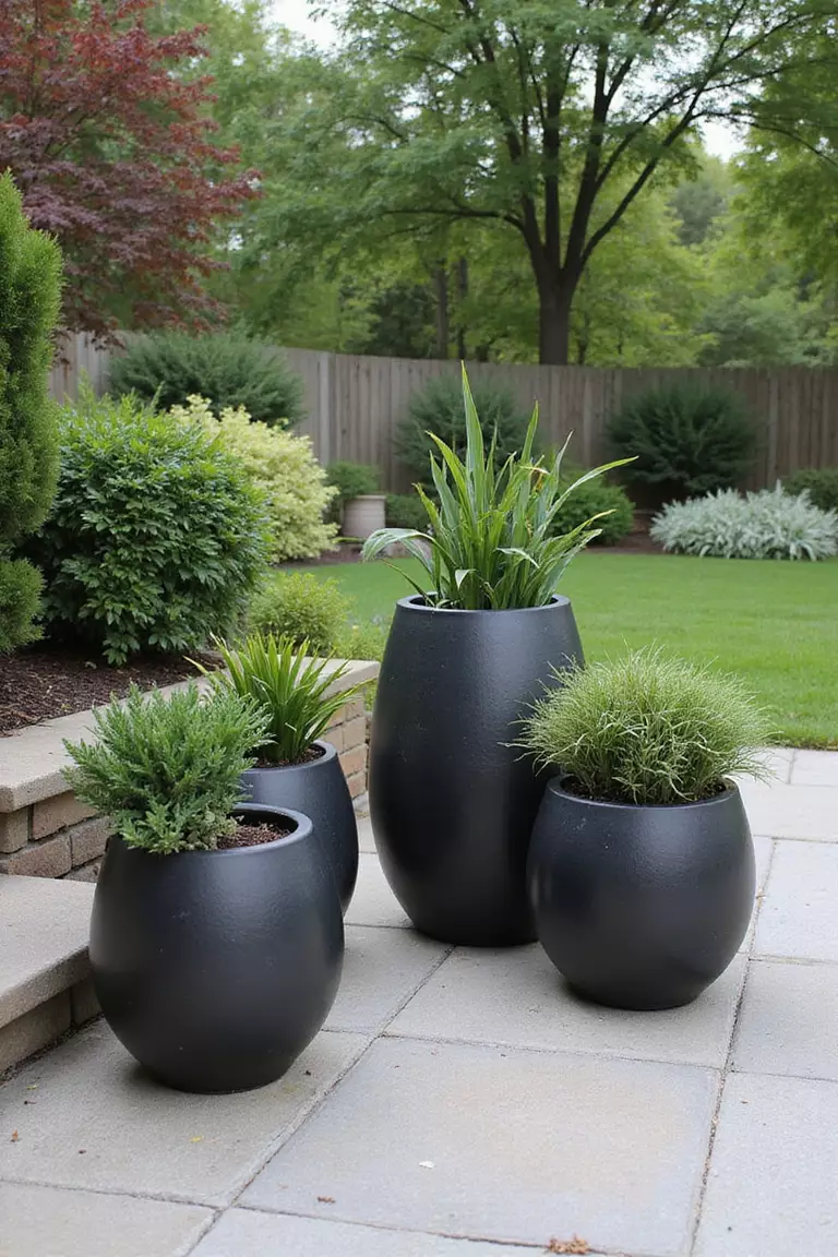 A photo of a typical American garden patio featuring a curated collection of modern pots in concrete and matte black finishes, holding various plants.