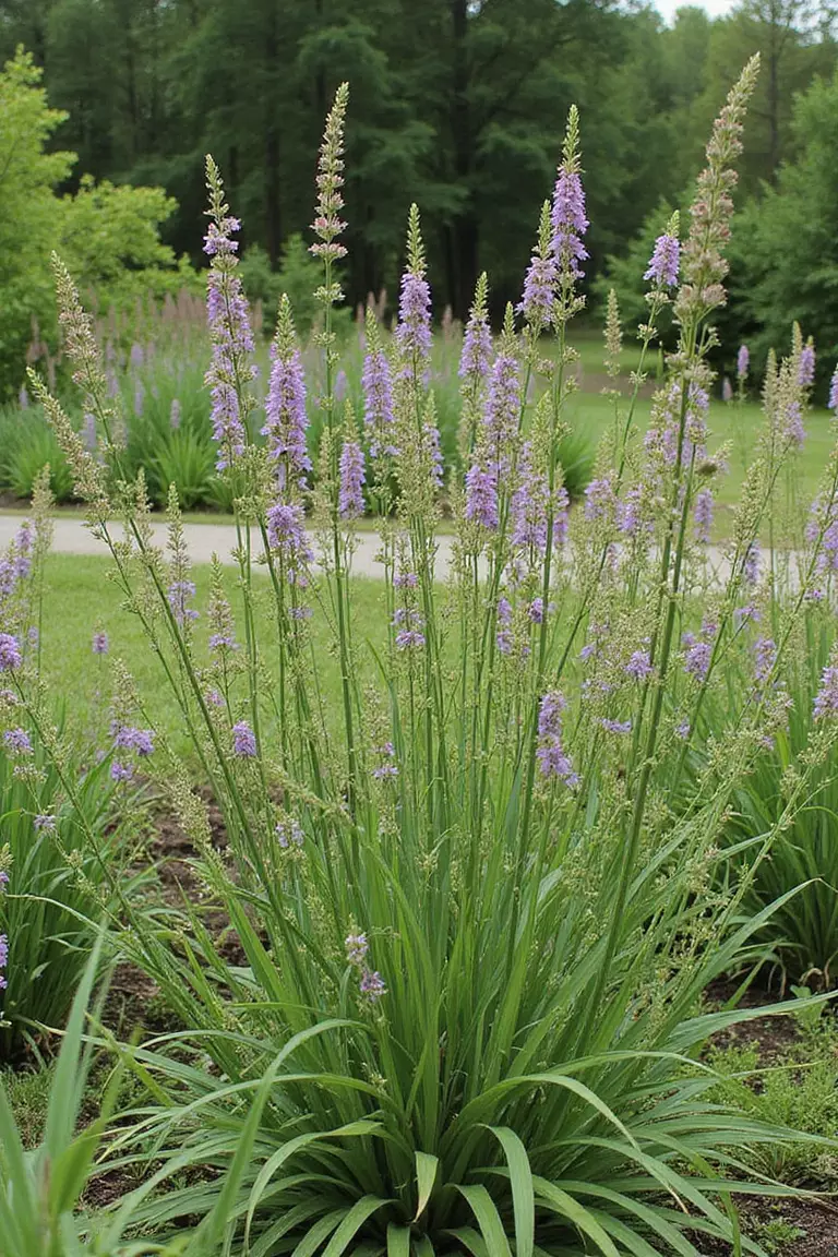 A photo of a typical American garden showcasing native wildflowers and grasses thriving with minimal care in a designated garden bed.