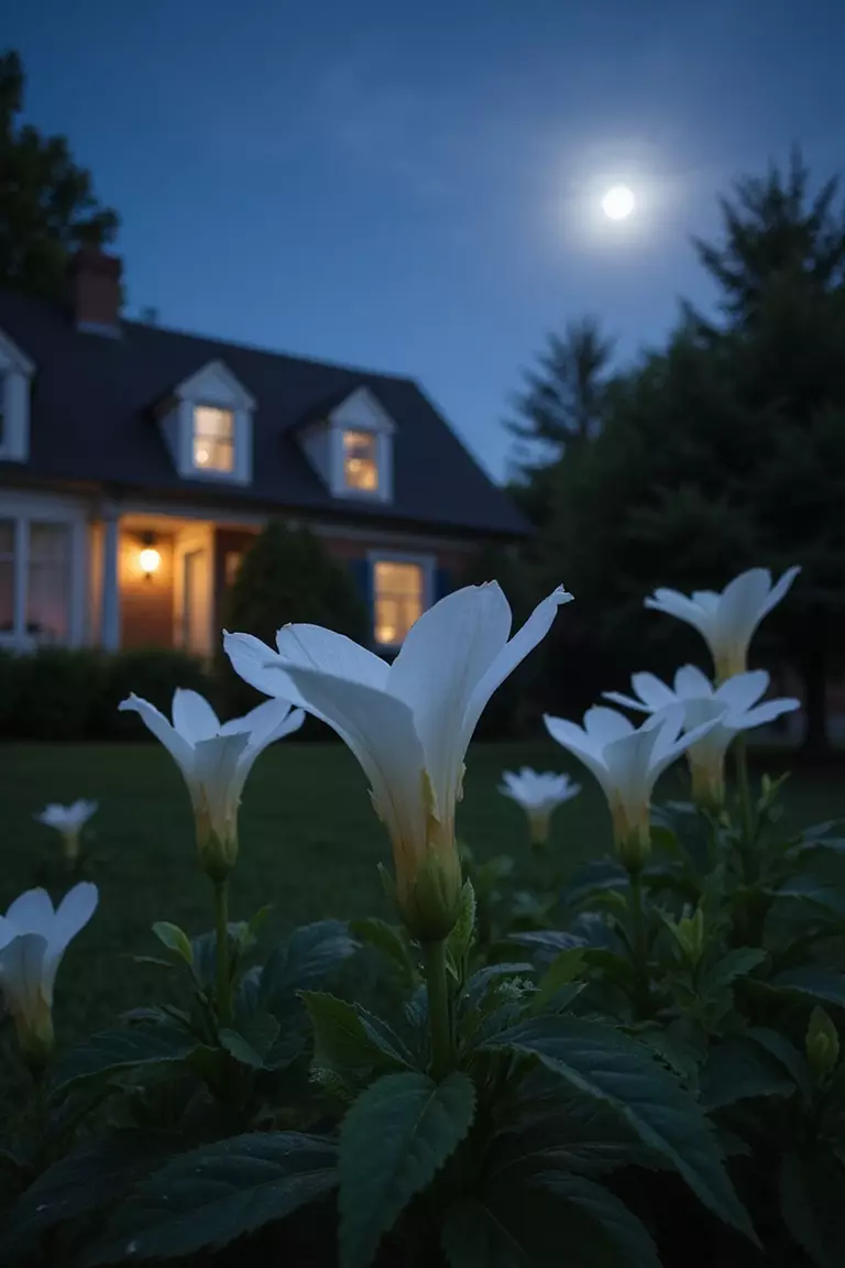 A photo of a typical American home’s garden at twilight, showcasing open white moonflowers releasing their fragrance under the moonlight.