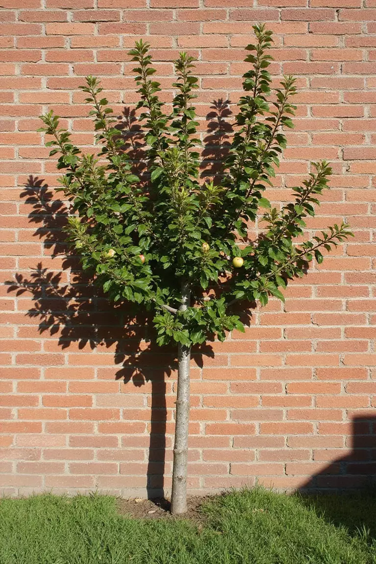 A professional photo, similar to a photo in a gardening magazine, of an apple tree trained flat against a sunny brick wall. Its branches form a horizontal pattern, with small apples visible.
