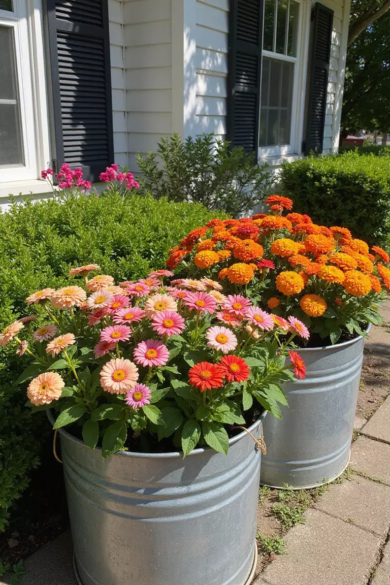 A photo of a typical American home’s garden featuring large galvanized metal tubs overflowing with zinnias in a rainbow of vibrant colors—red, orange, pink, yellow—thriving in a sun-drenched corner.