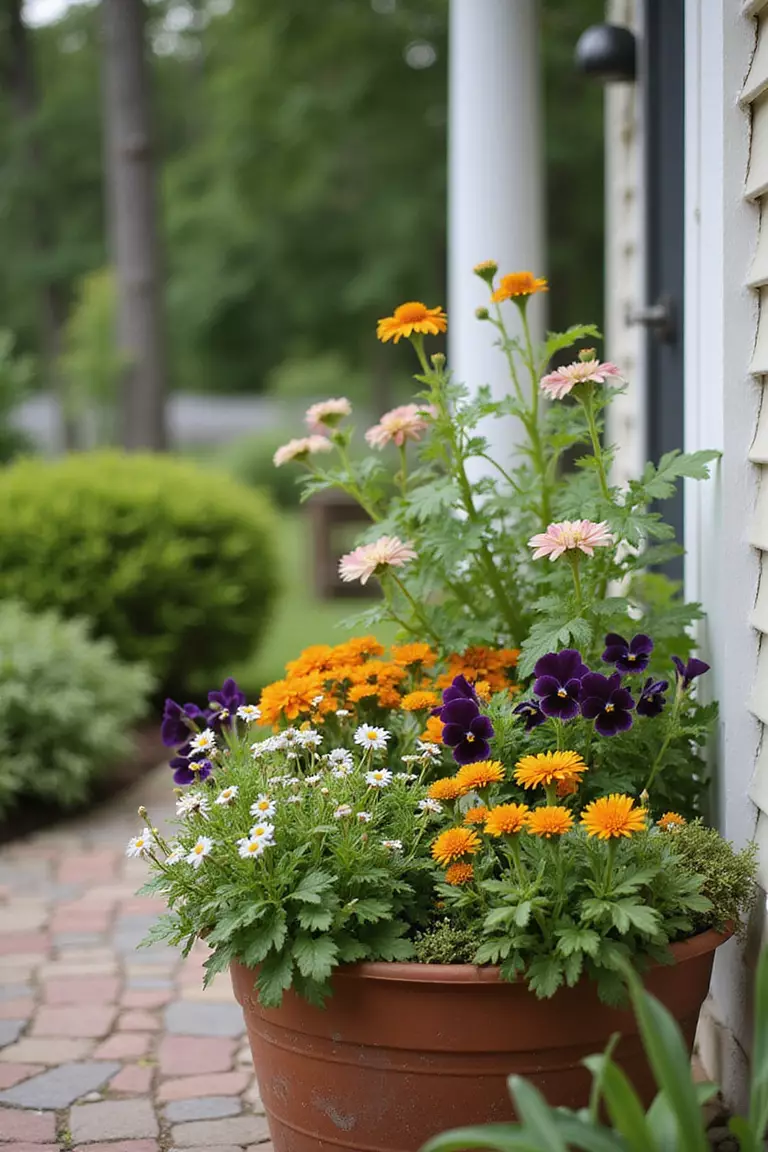 A close-up photo of a typical American home’s garden showing a container garden on a patio filled with nasturtiums, pansies, and calendula, all edible flowers.