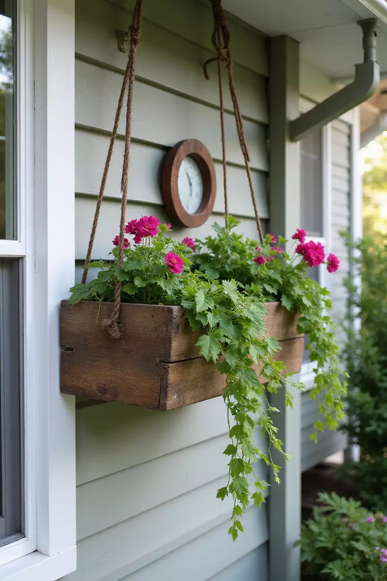 A photo of a typical American home’s garden displaying a rustic cedar wooden box hanging from ropes, filled with trailing ivy and geraniums.