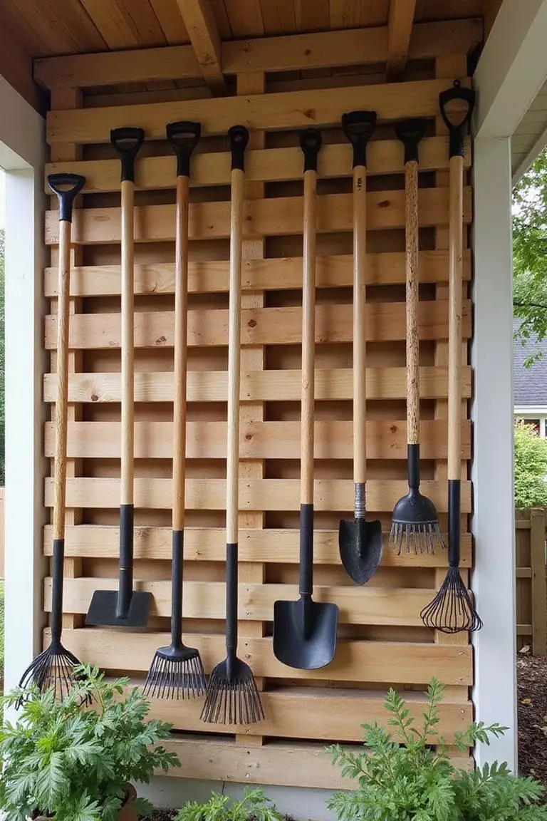 A photo of a typical American home's garden shed wall with a pallet mounted horizontally, long-handled tools like rakes and shovels slotted neatly between the wooden slats.