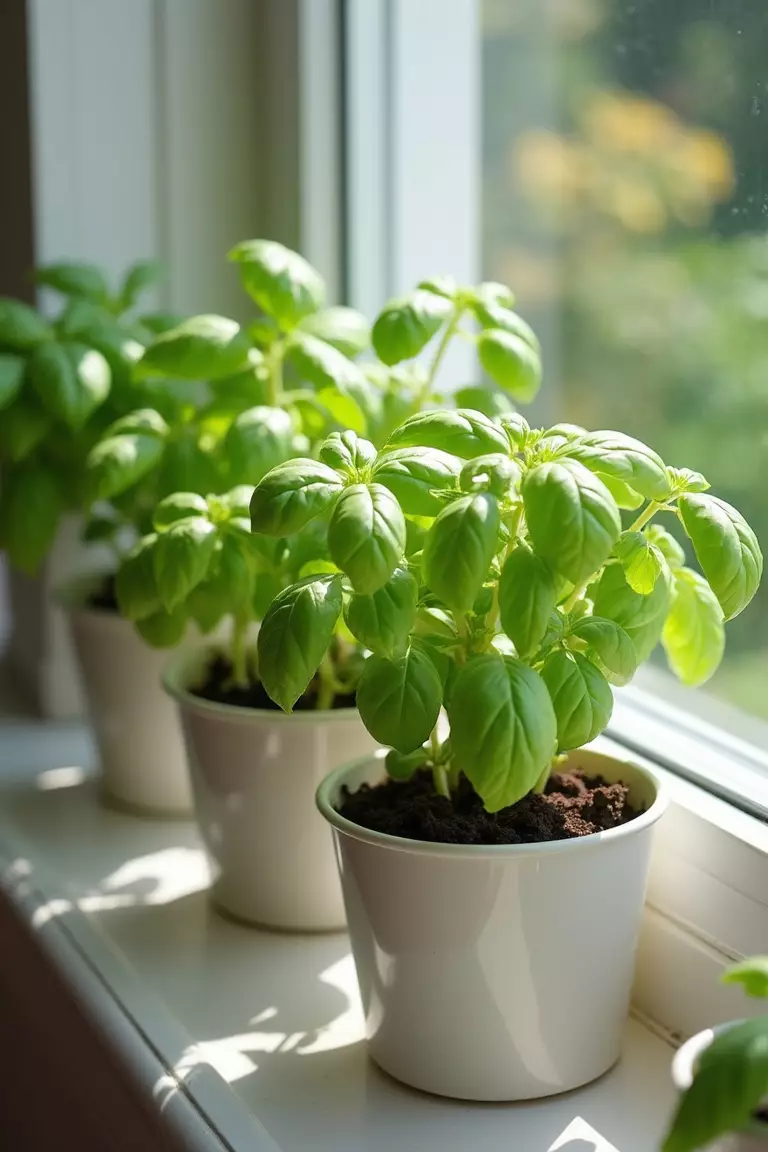A close-up photo of a typical American home’s garden showing modern self-watering planters in white plastic, containing healthy basil plants on a sunny windowsill.