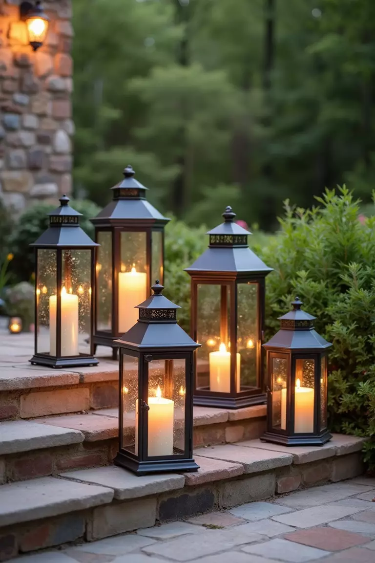 A photo of a typical American home’s garden patio featuring several decorative lanterns of various sizes holding candles, placed on steps and tables.
