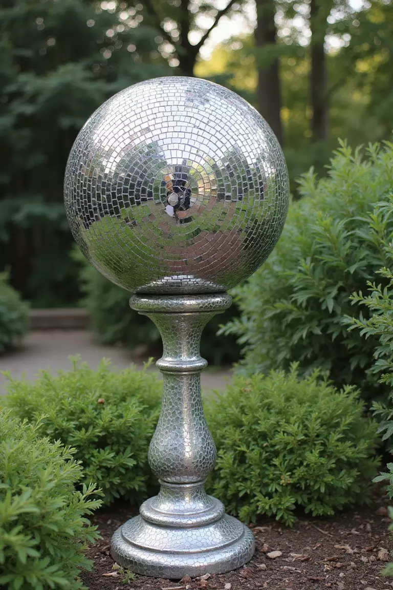 A photo of a typical American garden with a reflective gazing ball on a pedestal, its surface covered entirely in small, mirrored mosaic tiles.