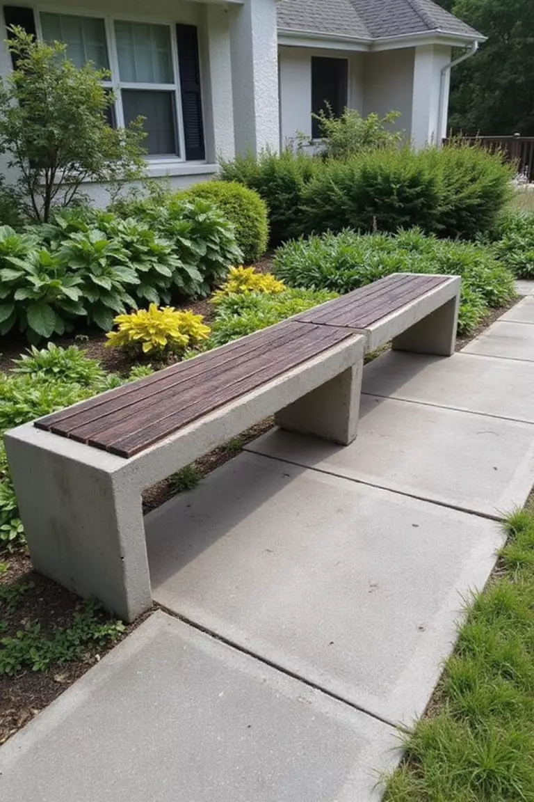 A photo of a typical American home's garden featuring a sleek bench made of concrete and dark wood slats with clean lines, set against a modern home exterior.