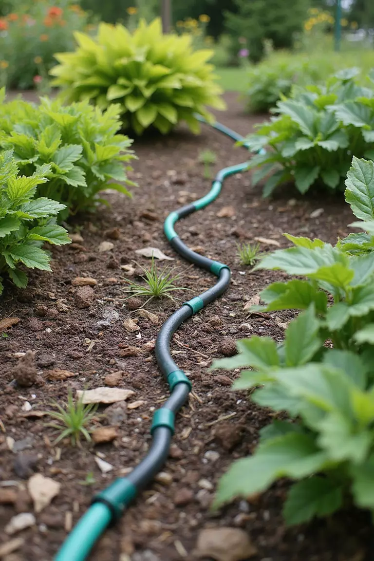 A close-up photo of a typical American garden showing drip irrigation lines snaking discreetly under mulch at the base of plants.