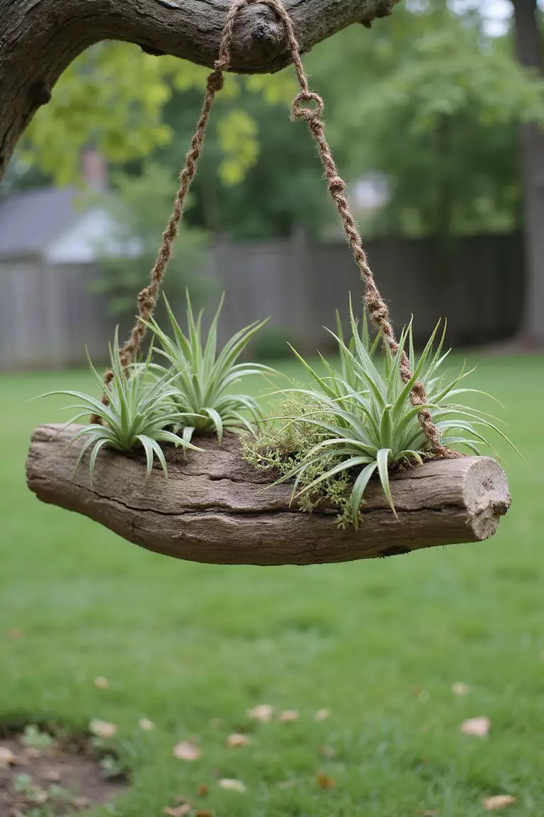 A photo of a typical American home’s garden showing a piece of weathered driftwood hanging horizontally, with small air plants attached directly to its surface.