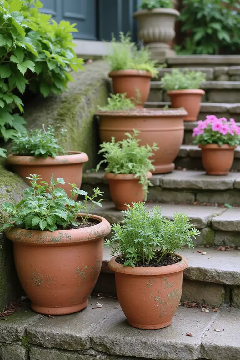 A professional photo, similar to a photo in a gardening magazine, of several aged terracotta pots of various sizes, some with moss, holding herbs and geraniums on stone steps.