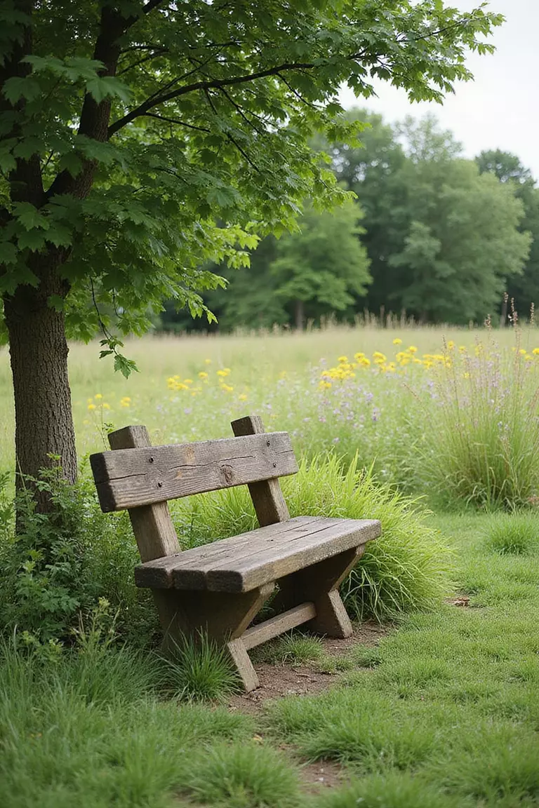 A professional photo, similar to a photo in a gardening magazine, of a rustic wooden bench placed under a small tree at the edge of a wildflower meadow garden.