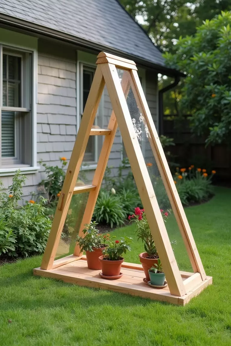 A photo of a typical American home’s garden displaying a small, triangular A-frame structure made of wood and clear panels, sitting on grass with potted plants visible inside.