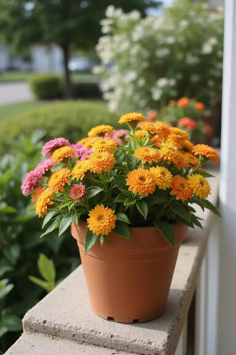 A close-up photo of a typical American home’s garden revealing a ceramic pot on a sunny porch showcasing mounded lantana with clusters of tiny orange, yellow, and pink flowers.