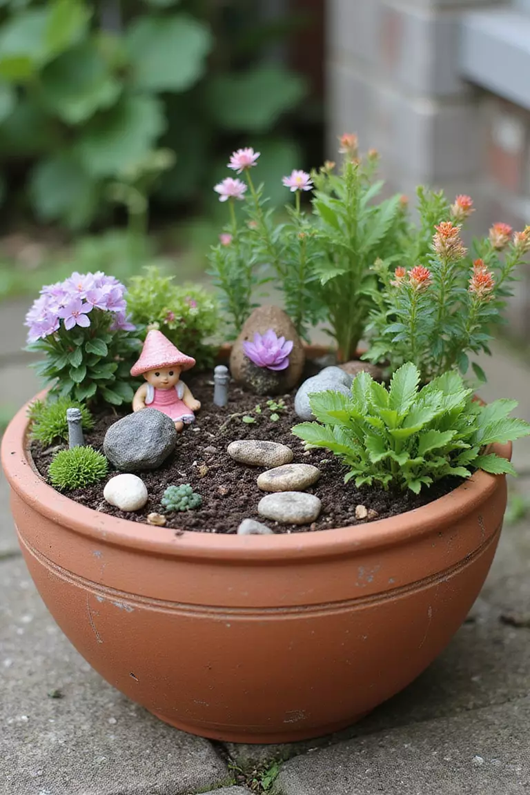 A photo of a typical American garden created inside a large, wide terracotta pot filled with soil, miniature plants, and fairy accessories.