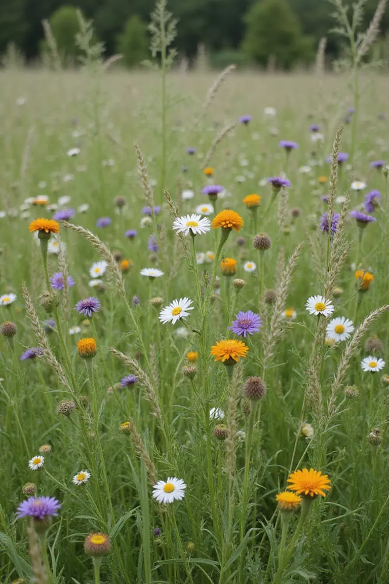 A professional photo, similar to a photo in a gardening magazine, of a natural-looking meadow garden with flowers and grasses growing freely, looking slightly unkempt but beautiful.