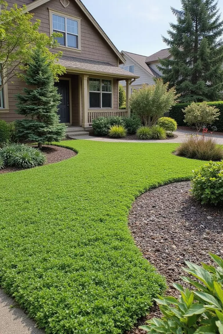 A photo of a typical American garden where a traditional grass lawn is replaced with drought-tolerant ground cover like creeping thyme or decorative gravel.