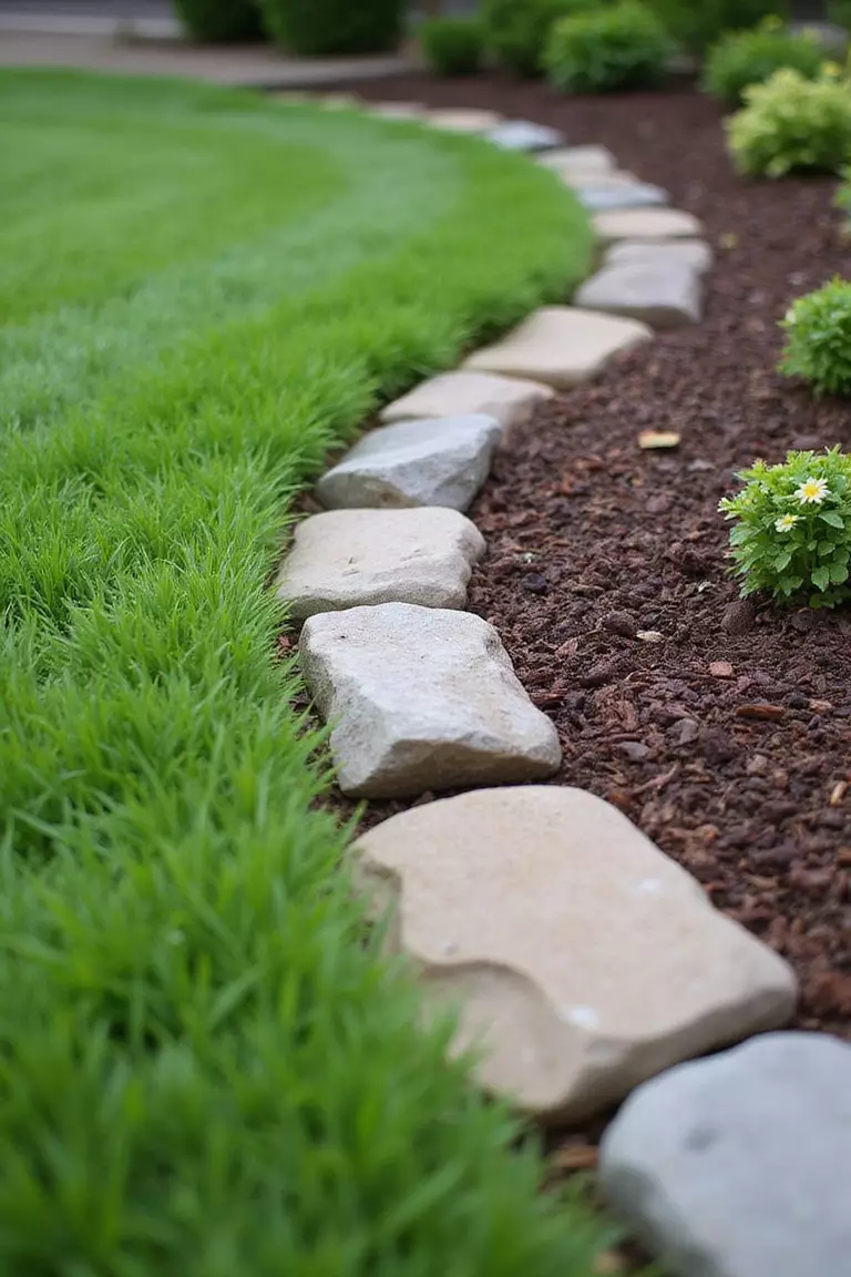 A close-up photo of a typical American home’s garden bed neatly edged with natural stones, clearly separating the mulch from the green lawn.