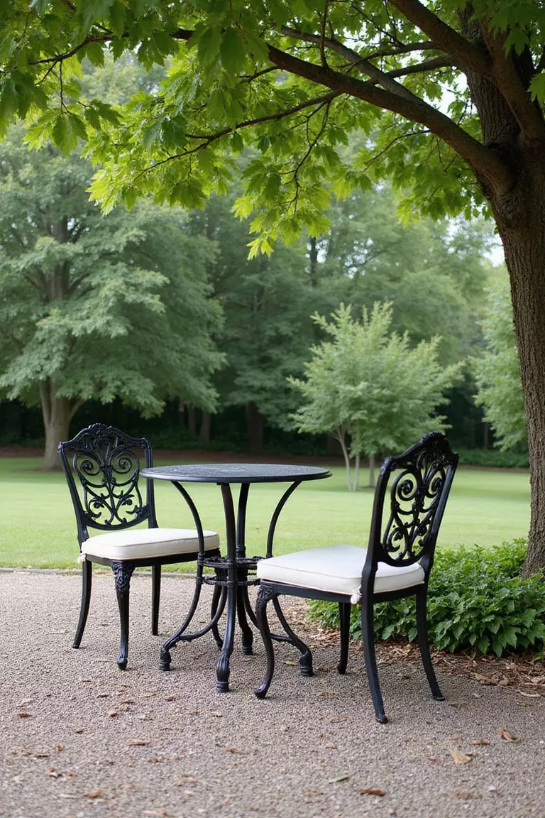 A professional photo, similar to a photo in a gardening magazine, of an ornate black wrought iron table and two chairs set on a gravel patio under a tree. Soft cushions on chairs.