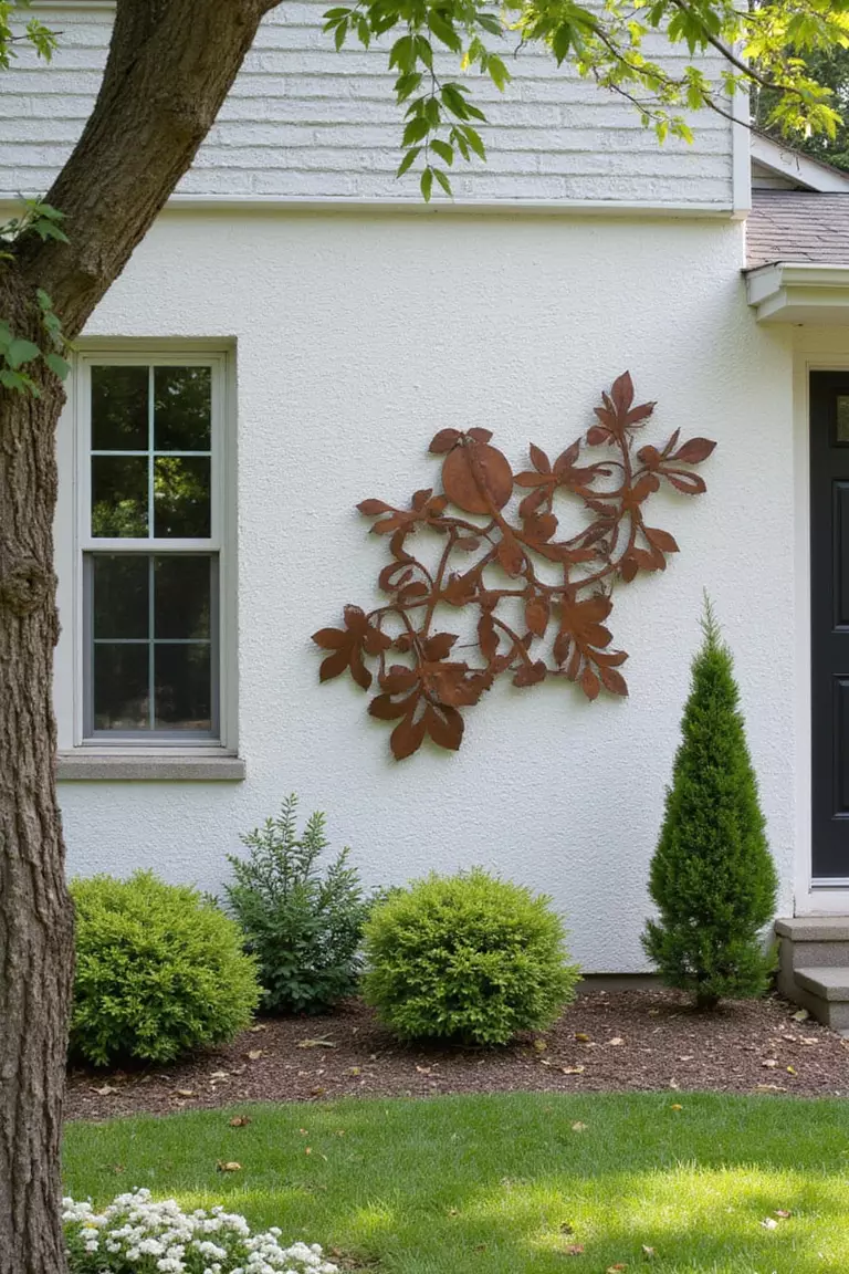A photo of a typical American home’s garden patio wall decorated with a weather-resistant metal sculpture depicting abstract shapes.
