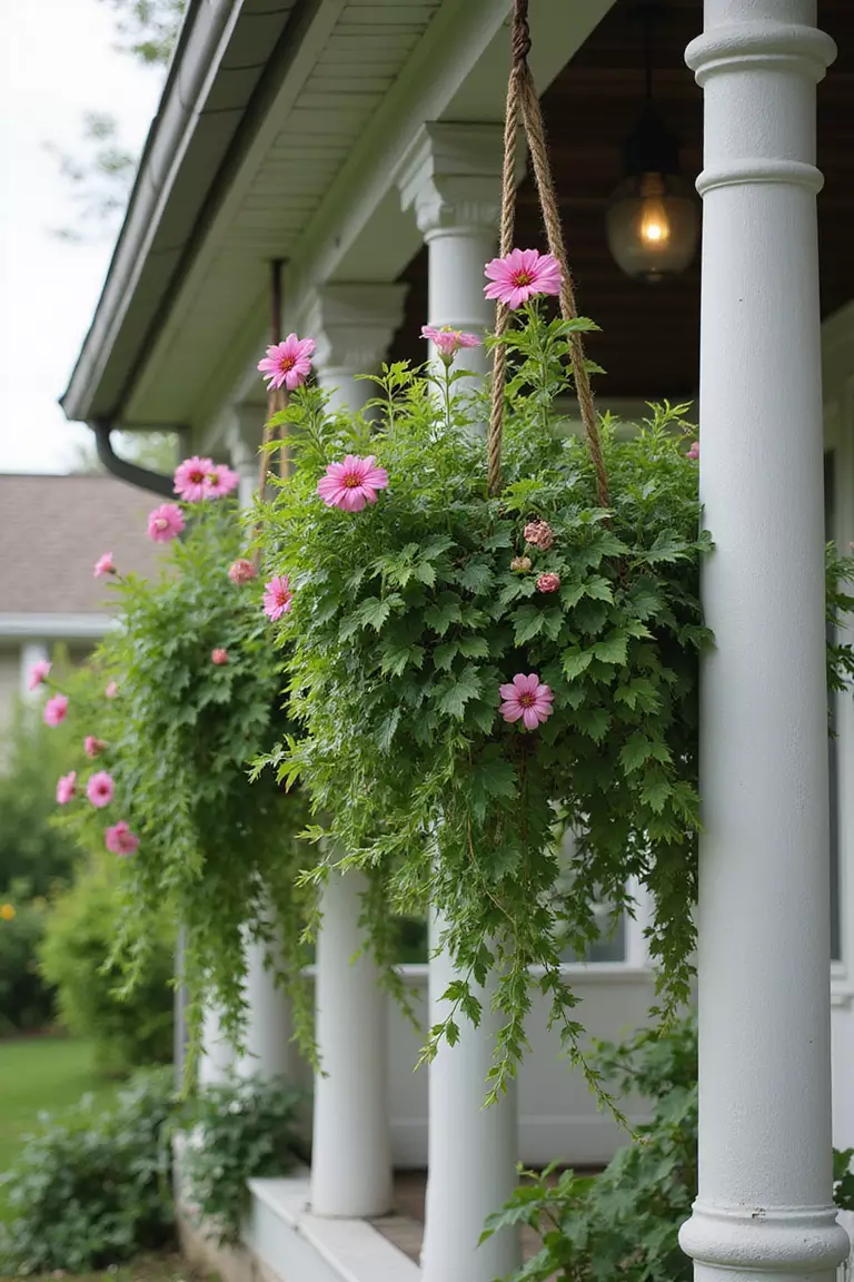 A photo of a typical American home’s garden with lush hanging baskets full of trailing ivy and pink flowers suspended from porch eaves.