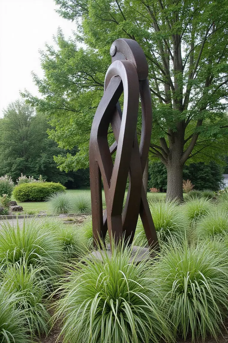 A photo of a typical American garden showing a large, abstract metal sculpture placed strategically amongst low ornamental grasses.
