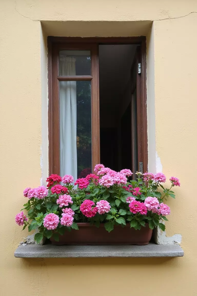 A photo of a small balcony showing traditional window boxes attached securely below the window ledge, filled with colorful blooming geraniums.