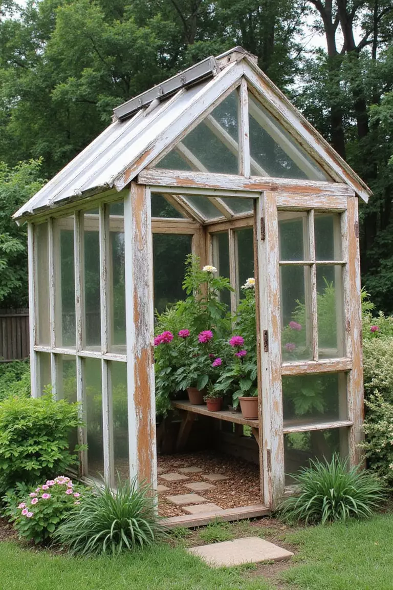 A photo of a typical American home’s garden showing a charming, rustic small greenhouse constructed mainly from mismatched salvaged window frames, filled with flowering plants.