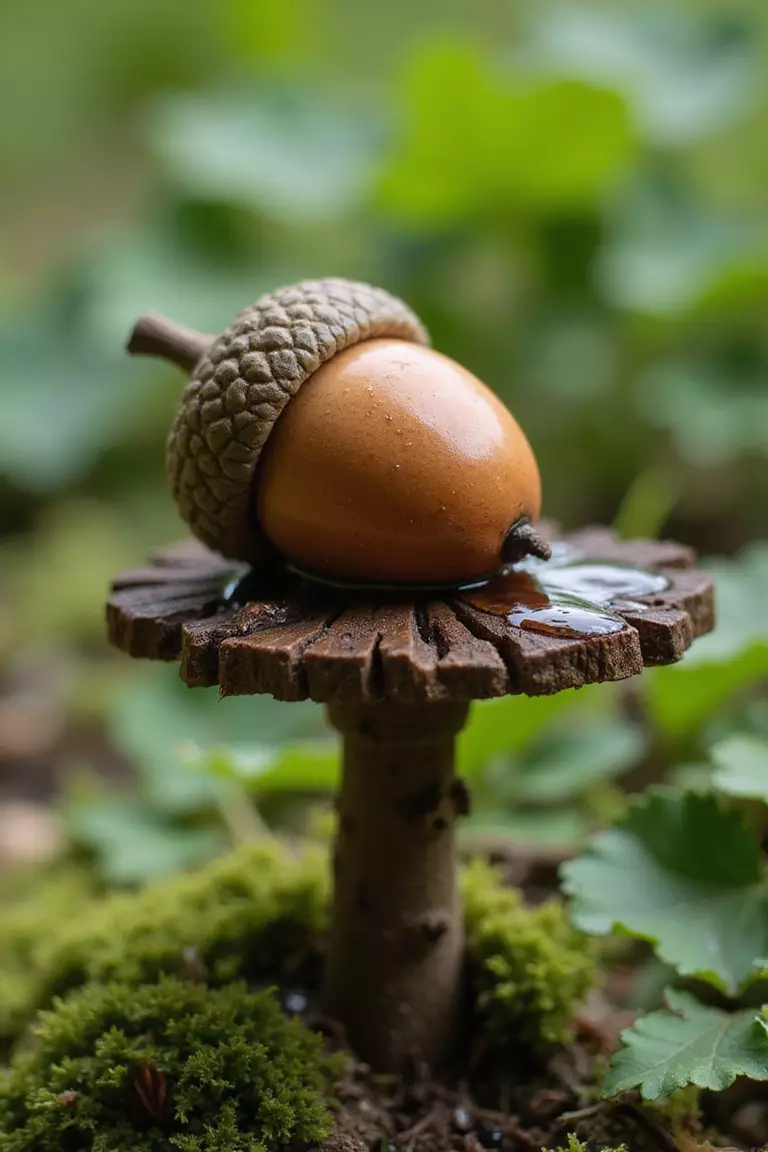 A close-up photo of a typical American garden showing an acorn cap placed upside down on a small twig pedestal, filled with water drops.