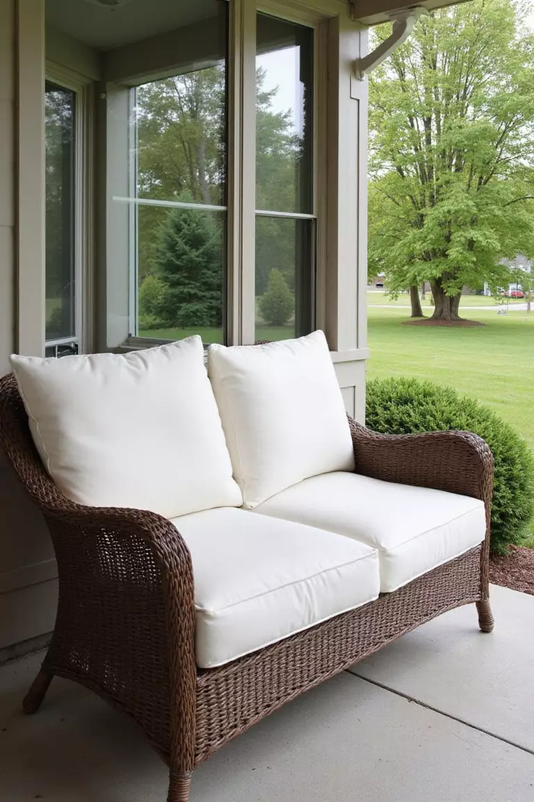 A photo of a typical American home's garden displaying a cozy brown wicker bench with plush white cushions, sitting on a covered porch overlooking the lawn.