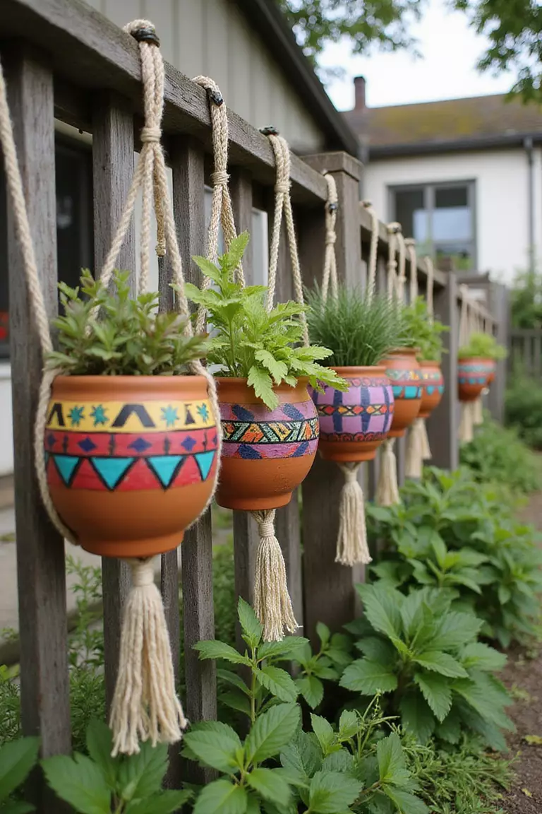 A photo of a typical American home’s garden showing brightly painted terracotta pots with geometric patterns, hanging from macrame hangers on a fence.