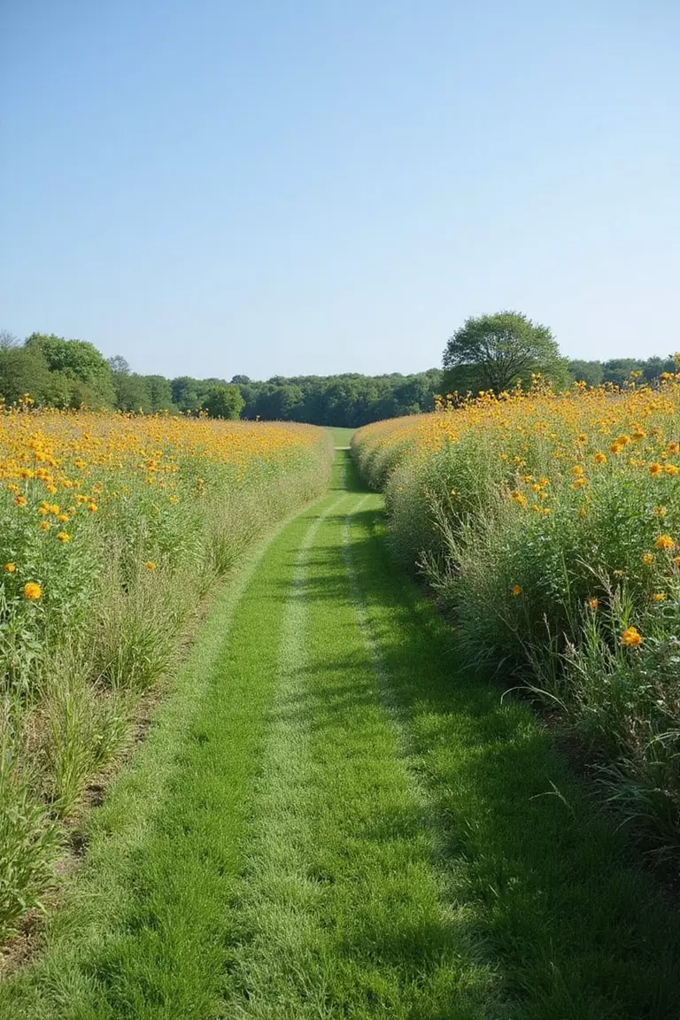 A professional photo, similar to a photo in a gardening magazine, of a simple mown grass path meandering through a tall wildflower meadow under a clear blue sky.