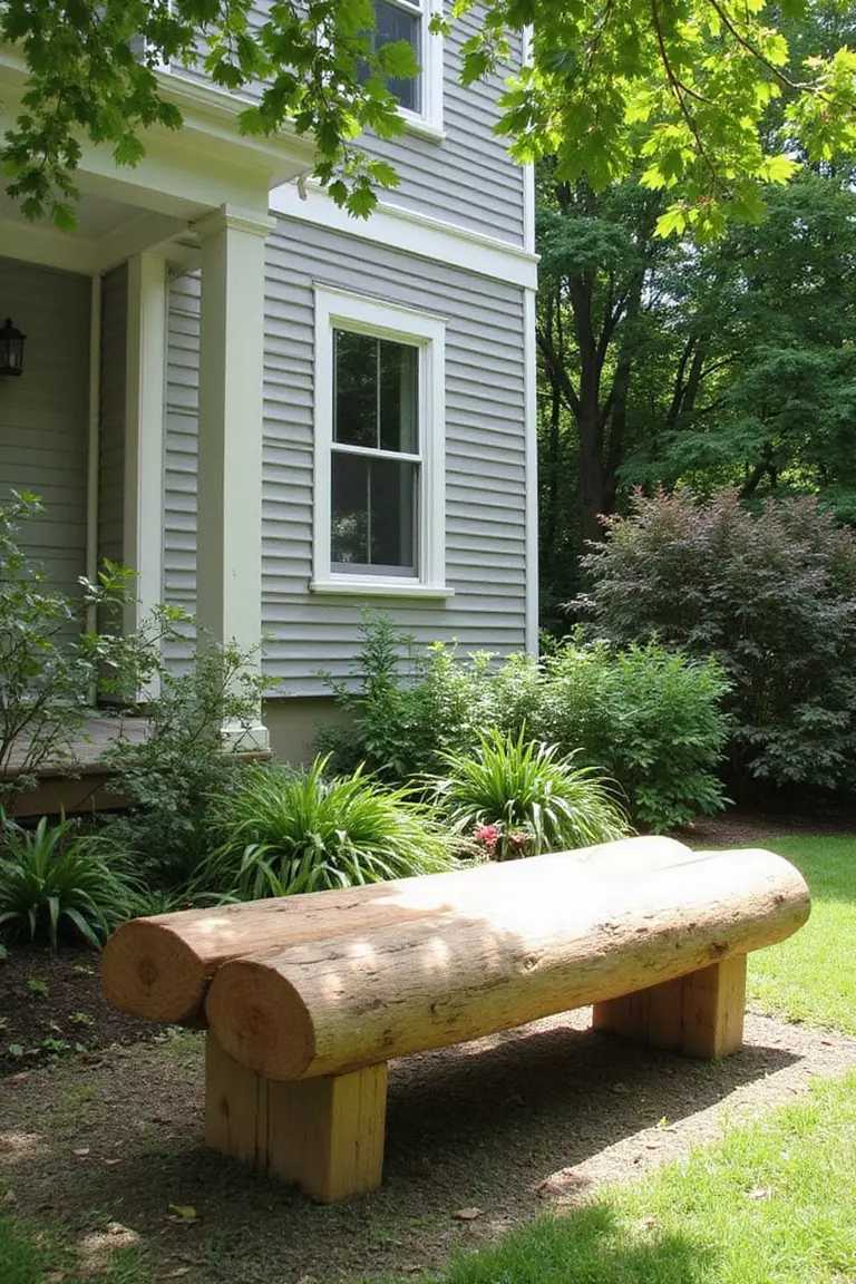 A photo of a typical American home's garden showing a rustic bench made from a halved log with simple leg supports.