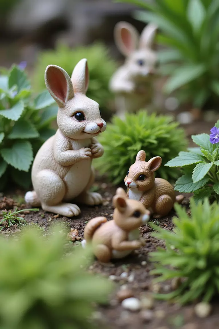 A close-up photo of a typical American garden showing miniature ceramic rabbits and squirrels placed near the base of plants in a fairy garden setting.
