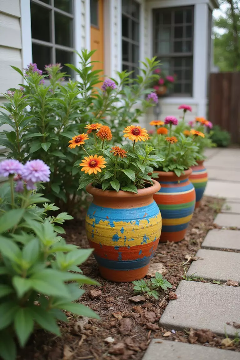 Painted Terra Cotta Pots A close-up photo of a typical American home's garden featuring several terra cotta pots painted with bright patterns, stripes, and designs, filled with flowering plants.