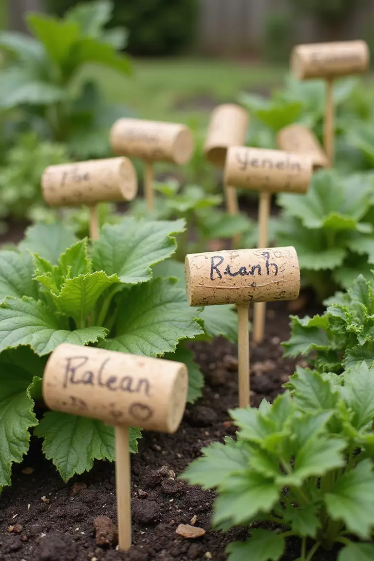 Wine Cork Plant Markers A close-up photo of a typical American home's garden vegetable beds with wine cork plant markers, each cork written with herb or vegetable names and attached to wooden skewers.