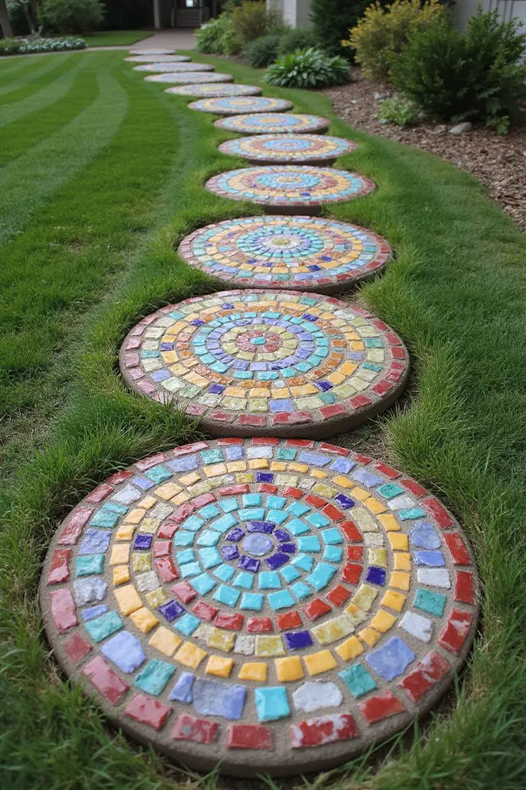 Mosaic Garden Stepping Stones A close-up photo of a typical American home's garden pathway with homemade circular stepping stones decorated with colorful mosaic patterns using broken plates, tiles, and glass pieces.