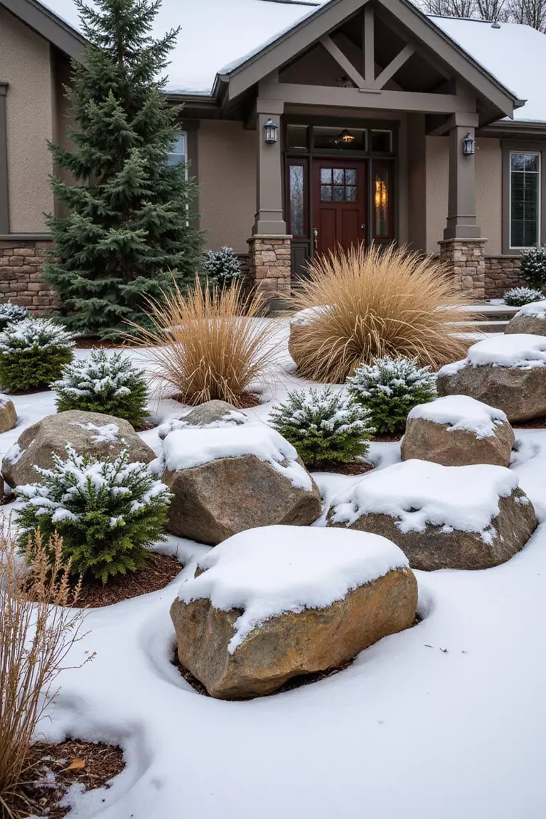 A photo of a typical American home's garden in winter showing rocks dusted with snow, evergreen plants, and ornamental grasses with seed heads creating texture.