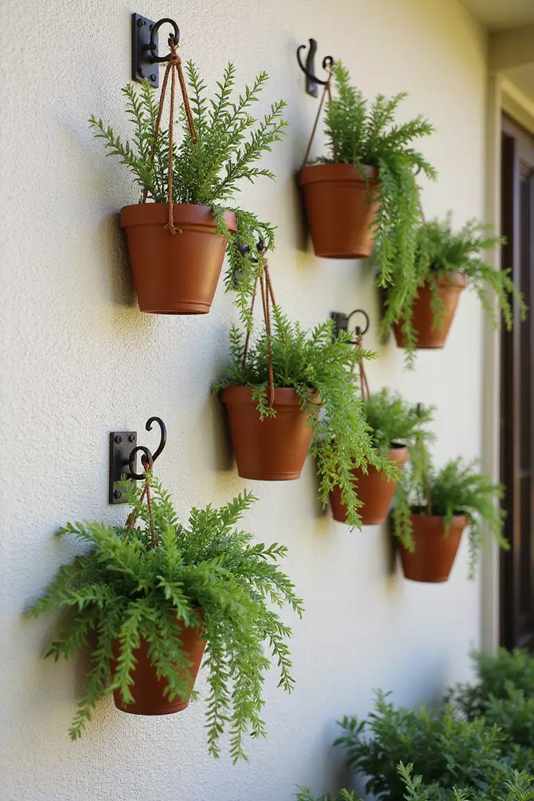 Hanging Potted Plants A photo of a typical American home's garden wall with multiple hanging terracotta pots with cascading greenery against a neutral backdrop.