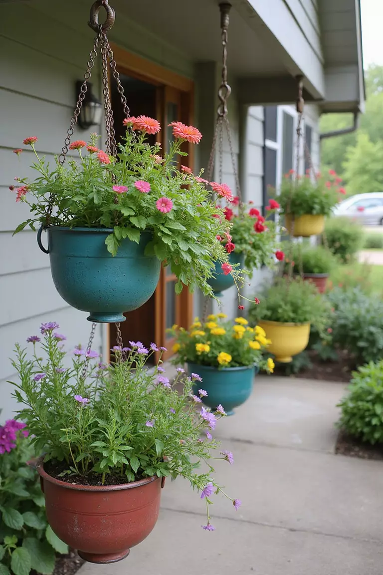 A photo of a typical American home's garden with colorful metal colanders hanging from shepherd's hooks on a patio, filled with trailing flowers and herbs.