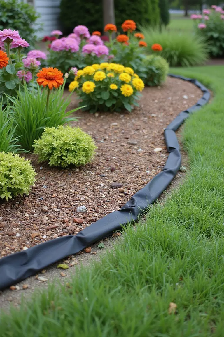 A photo of a typical American home's garden with black plastic edging separating a mulched flower bed from lawn, with colorful perennials growing above it.