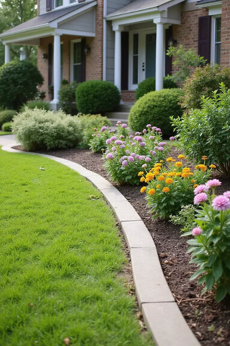A photo of a typical American home's garden with smooth concrete edging forming a curved border between lawn and flower beds filled with blooming plants.