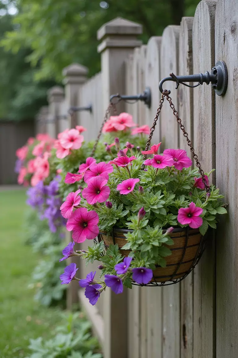 Hanging Baskets with Flowers A close-up photo of a typical American home's garden wall with hanging wire baskets filled with cascading petunias and verbena in bright colors against a wooden fence.