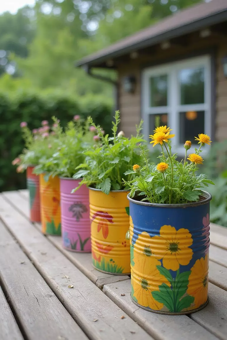 A close-up photo of a typical American home's garden with brightly painted tin cans arranged on a patio table, each filled with small flowering plants and herbs.