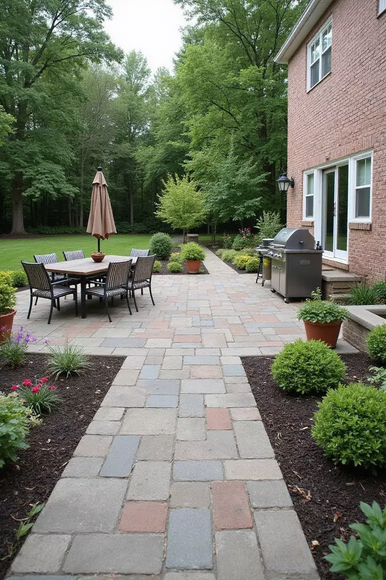 A photo of a typical American home's garden patio with distinct areas for dining, lounging, and cooking, separated by different paver patterns and colors.