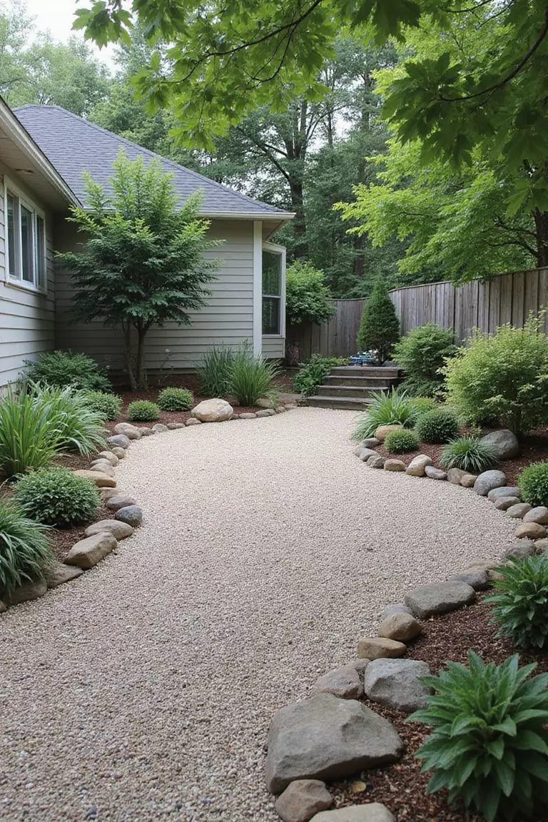 Backyard of a typical American suburban home with a garden featuring raked gravel patterns, carefully placed rocks, minimal plants, clean lines, peaceful atmosphere.