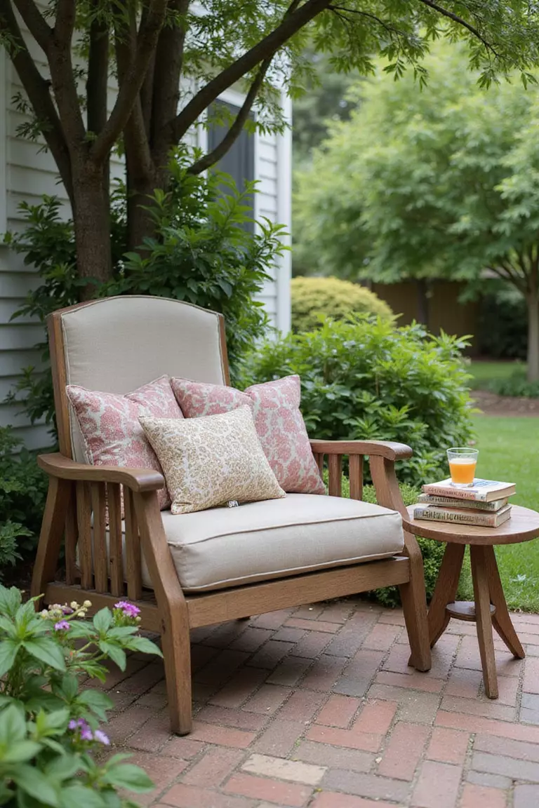 A close-up photo of a typical American home's garden featuring a comfortable chair with pillows in a quiet corner of a patio, with a small table holding books and a drink.